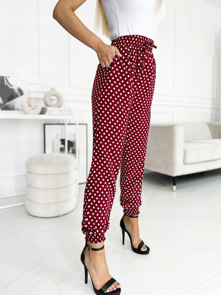 Bordowe luźne spodnie w grochy