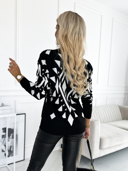 Czarny sweter na guziki w geometryczne wzory