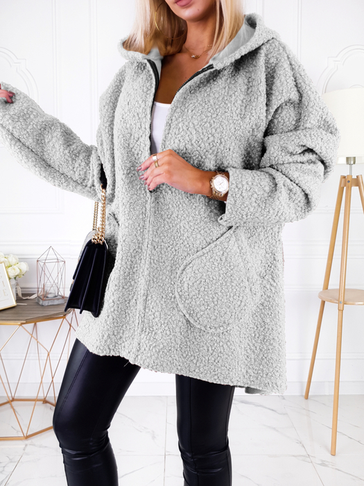 Szary płaszcz baranek z kapturem