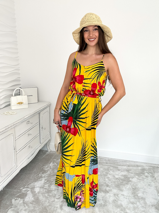 Żółta sukienka we wzory z paskiem Carla II