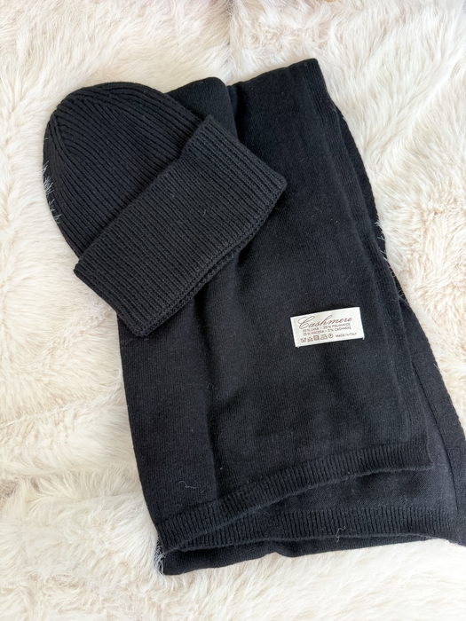 Czarny z kaszmirem i wełną komplet czapka + szalik