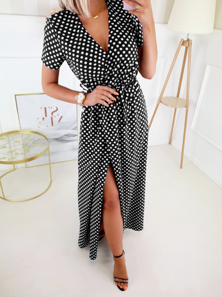 Czarna długa sukienka w kropki Coral