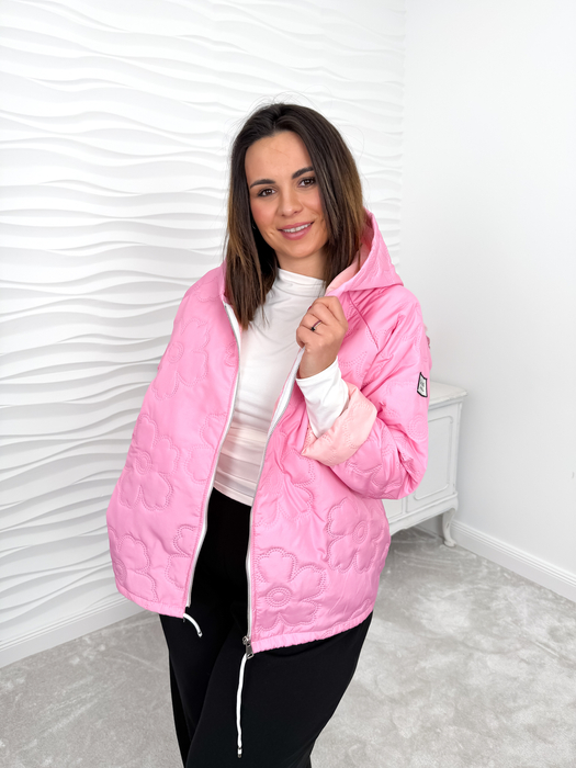 Różowa pikowana kurtka z kapturem Flower
