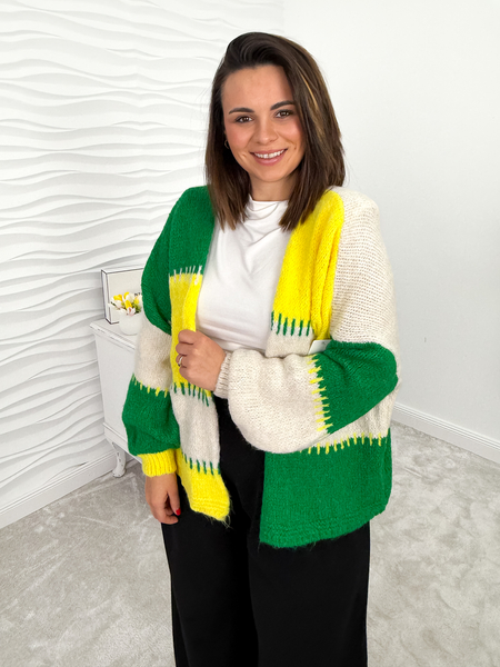 Żółto-zielony kardigan w stylu patchwork łaty