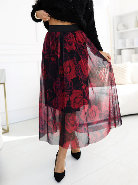 Czarna spódnica tiulowa w czerwone róże