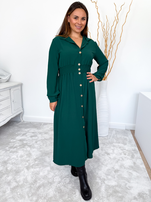 Butelkowa zieleń szmizjerka maxi zapinana na guziki