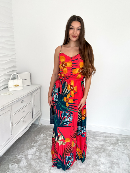 Czerwona sukienka we wzory z paskiem Carla II