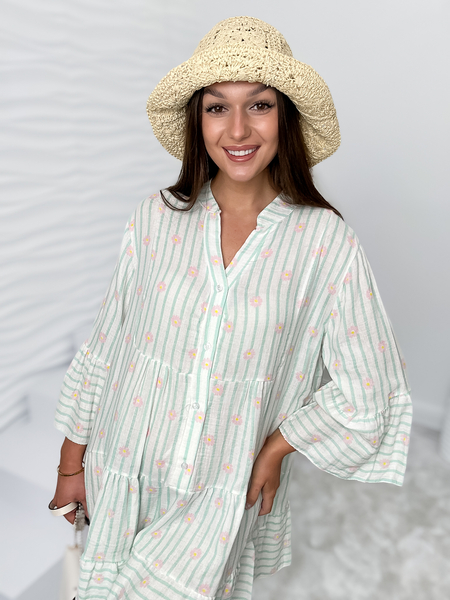 Biała muślinowa sukienka w zielone paski Ada