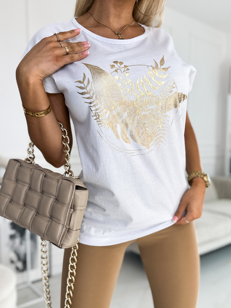 Biały t- shirt ze złotą aplikacją roślin