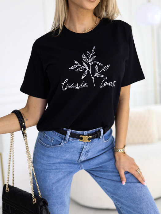 Czarny t-shirt z wzorem listków