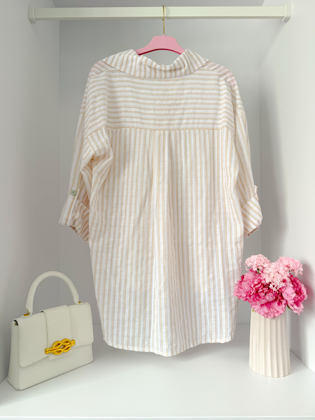 Beżowa ażurowa bawełniana koszula w paski