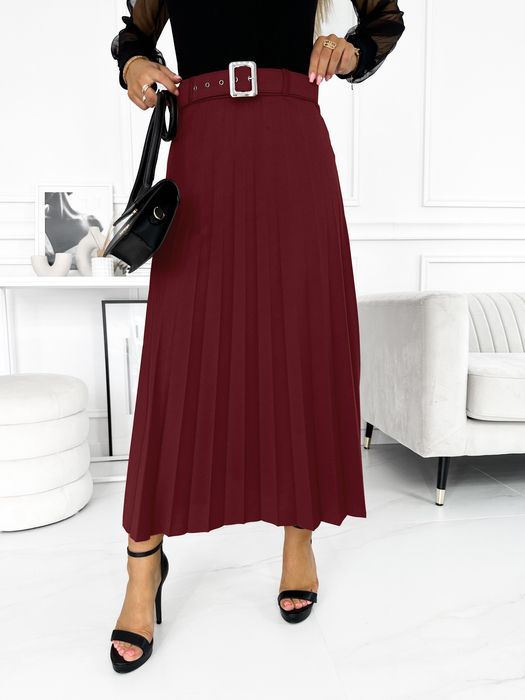 Bordowa spódnica plisowana midi z paskiem