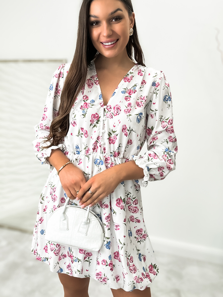 Biała sukienka mini w kwiaty Amelia