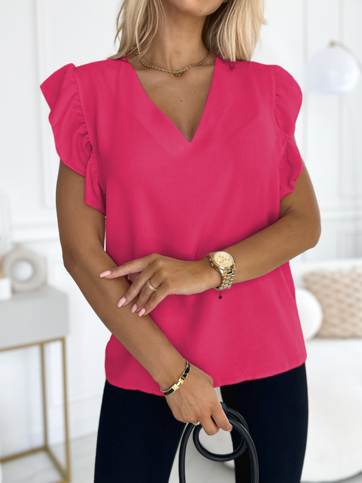 Fuksja bluzka z falbanką na rękawie