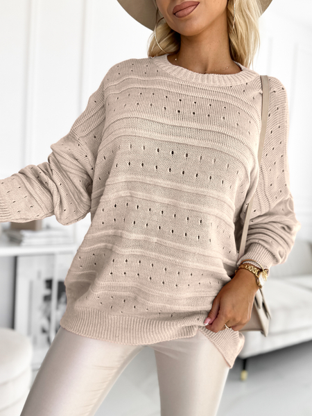 Beżowy luźny sweter w ażurowe wzory Eden
